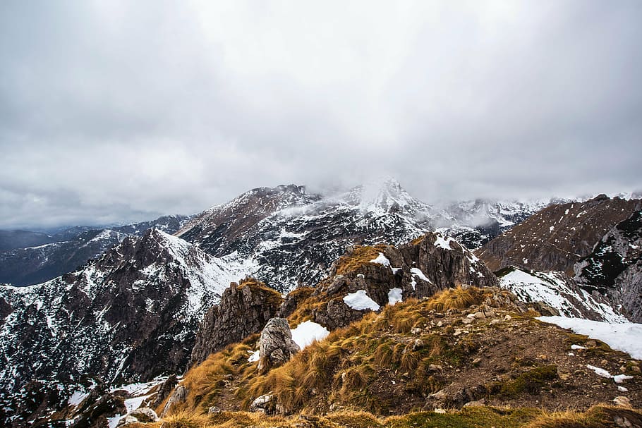 mountains under white sky, ranges, covered, snow, foggy, day HD wallpaper