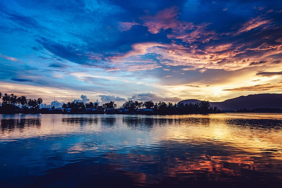 sky, clouds, sunset, sunrise, dark, lake, water, reflection HD wallpaper