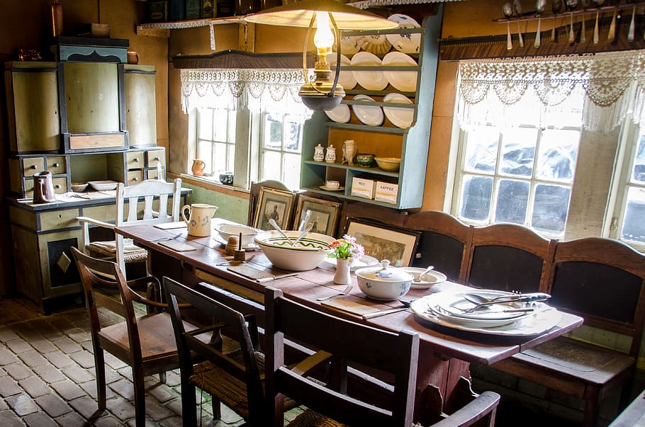 antique, rural, queue, dining room, table, indoors, window HD wallpaper