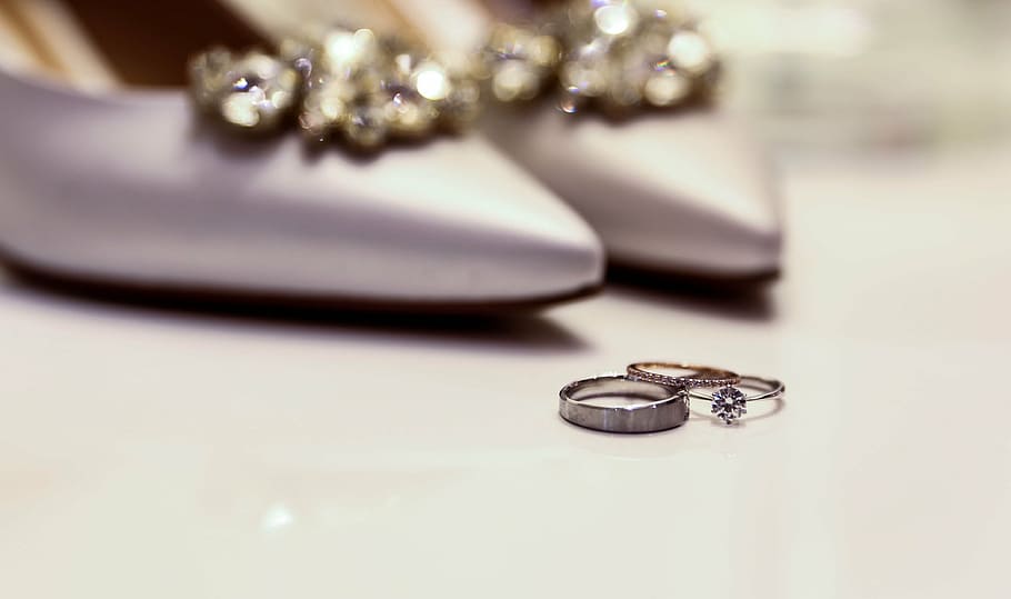 silver-colored ring next to pair of silver shoes, diamond, coupling HD wallpaper