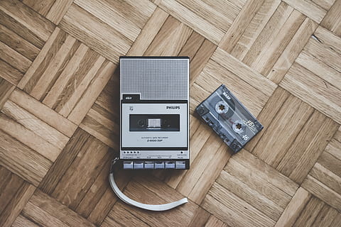 gray recorder with cassette tape, black and gray cassette tape and player layout photo HD wallpaper