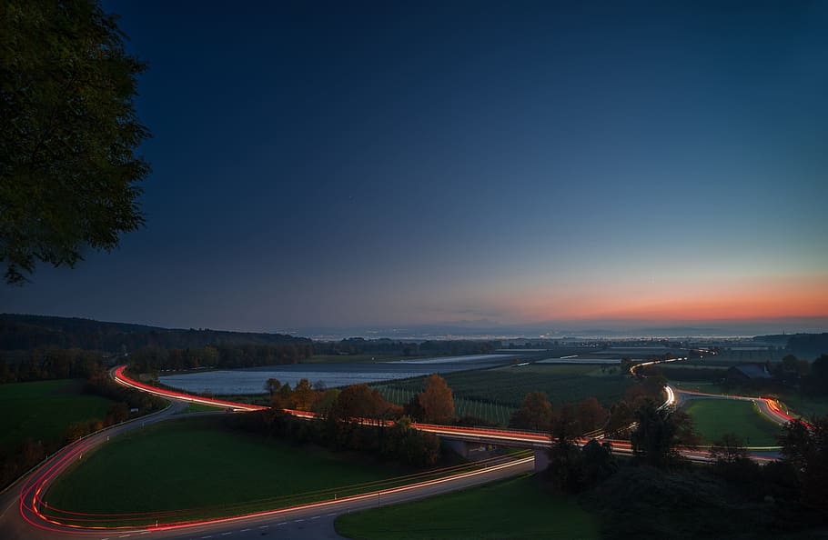 high angle photograph of road during sunset, long exposure, abendstimmung