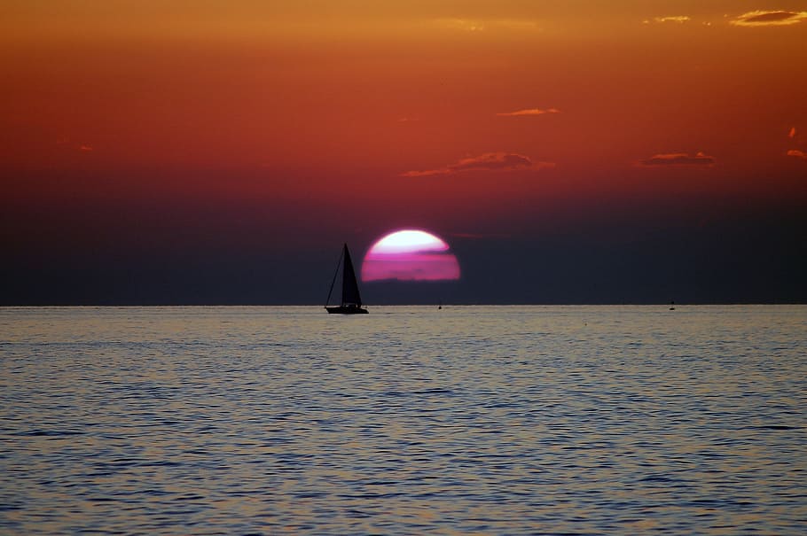sunset, sea, sailing, sky, summer, landscape, horizon, water HD wallpaper