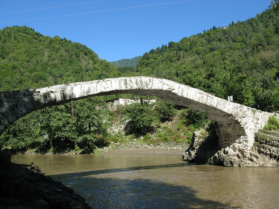 bridge, river, mountains, nature, landscape, georgia, water HD wallpaper