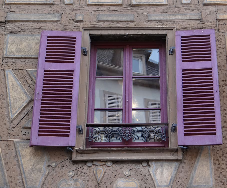 purple wooden window open, shutters, mirroring, old town, historically HD wallpaper