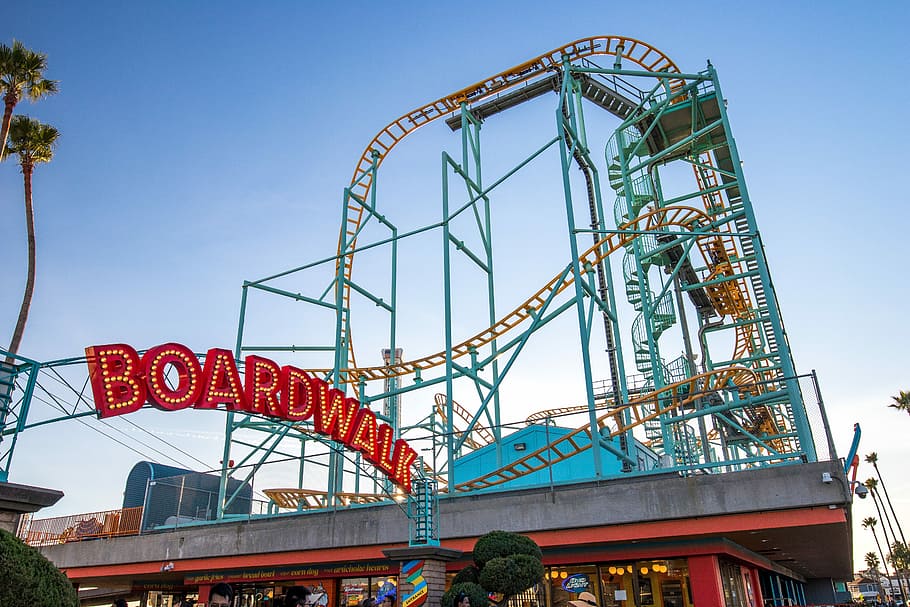 blue and white rollercoaster, boardwalk, funfair, theme park HD wallpaper