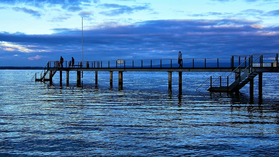 lake, bodensee, beach, water surface, the pier, blue, evening HD wallpaper