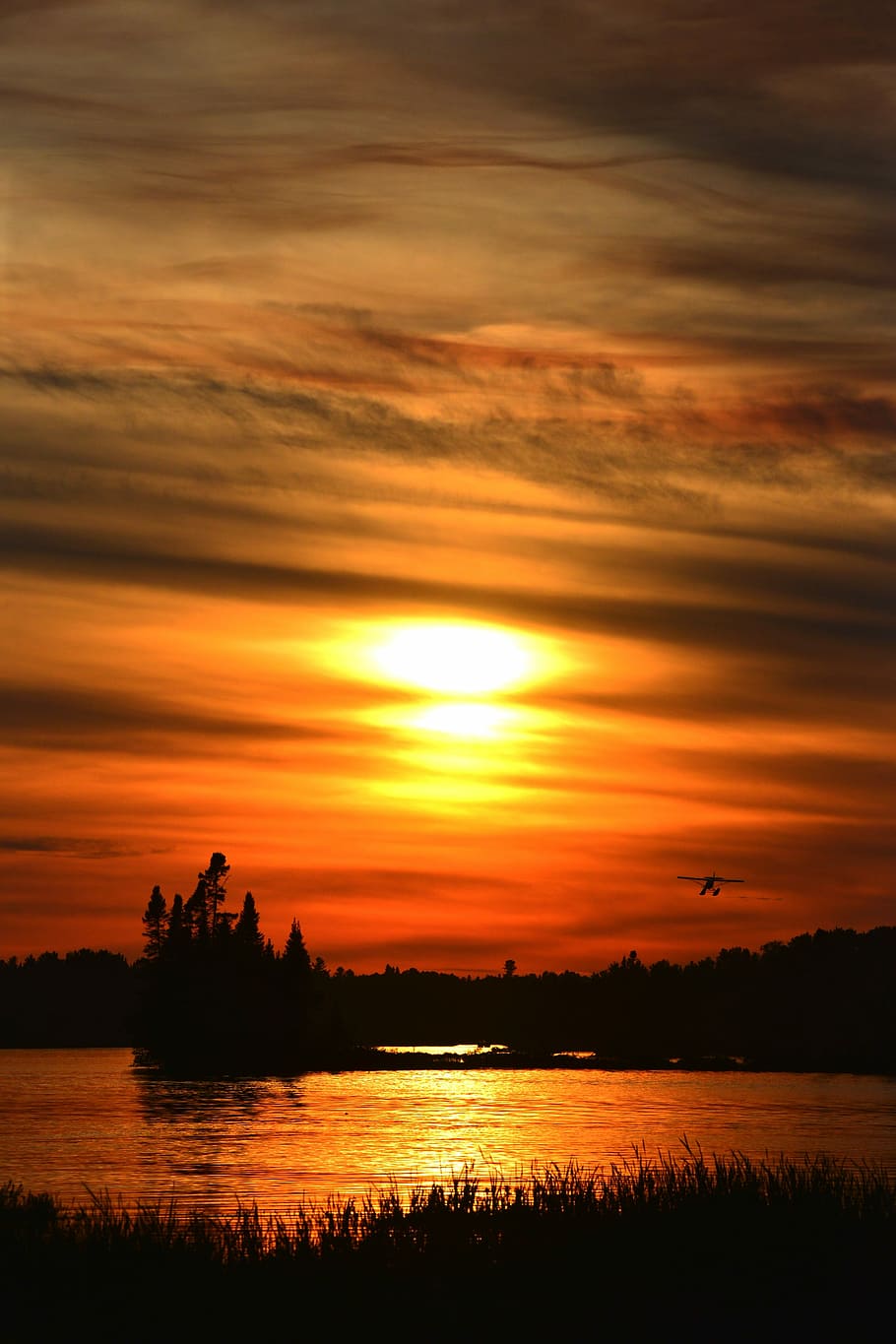 body of water, sunset, landscape, twilight, sky, colors, seaplane HD wallpaper