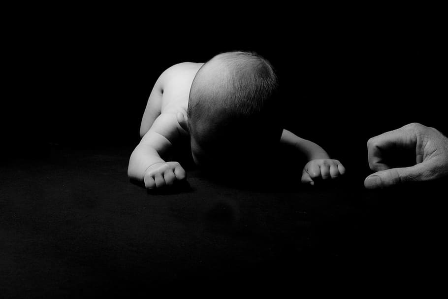 grayscale photo of baby beside fist, grow, learning, protect HD wallpaper