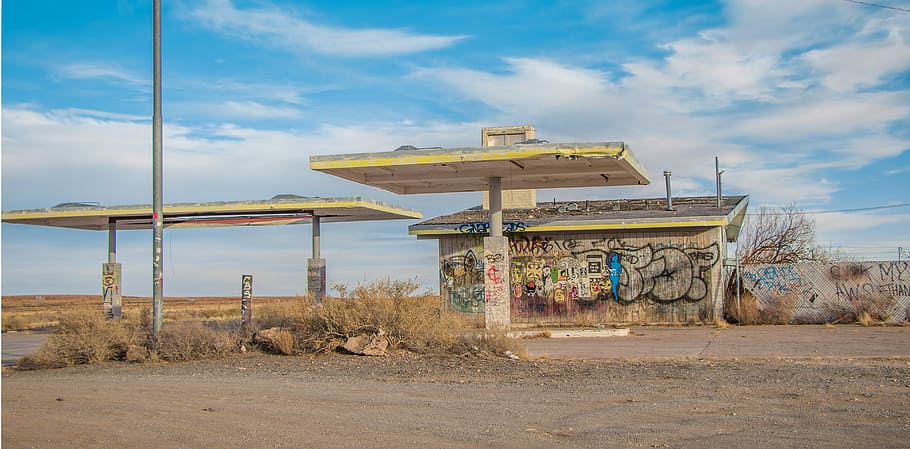 yellow and white gas station, ghost town, abandoned, place, old