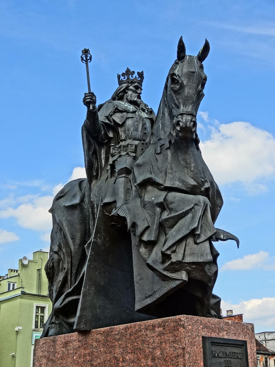 kazimierz wielki, monument, bydgoszcz, king, sculpture, statue, HD wallpaper