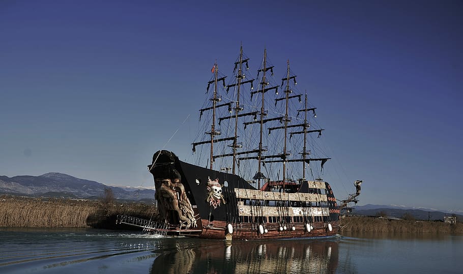 black and gray pirate ship, Sailing, Ship, Vessel, Boat, Sea