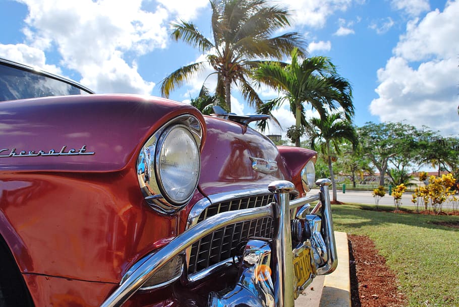 red Chevrolet vehicle in close-up photo, oldtimer, cuba, classic HD wallpaper