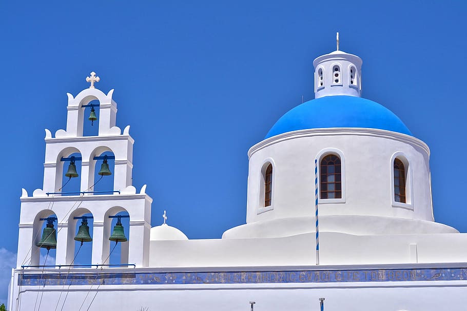 city, landscape, sky, blue, greece, architecture, religion HD wallpaper