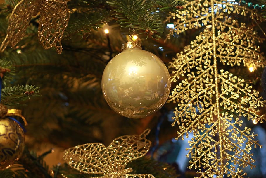christmas, winter, tree, decoration, gold, fir, christmas decoration HD wallpaper