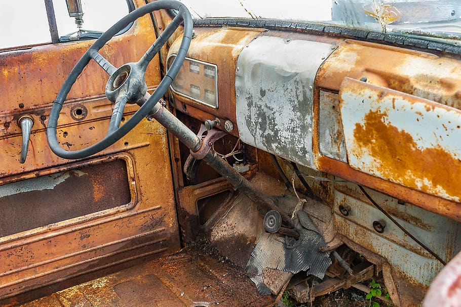 scrap, scrap car inside, auto, steering wheel, old, dashboard HD wallpaper