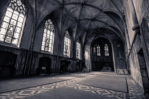building interior grayscale photography, church, chapel, inside HD wallpaper