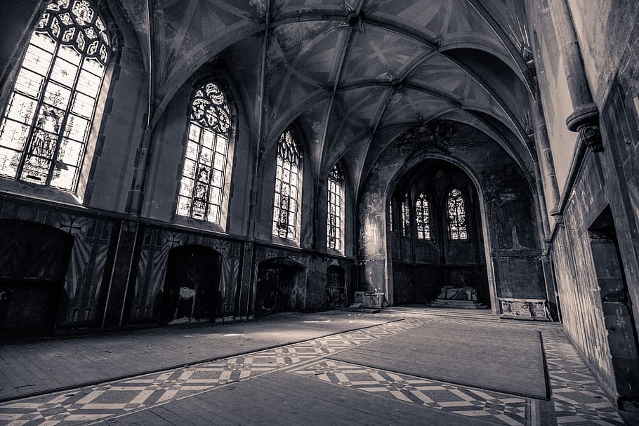 building interior grayscale photography, church, chapel, inside HD wallpaper