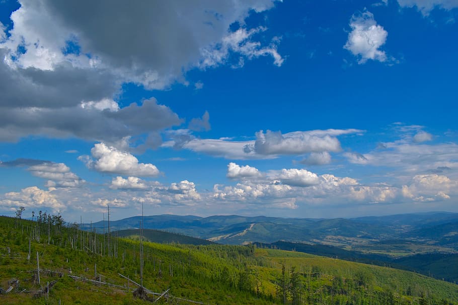 landscape, sky, clouds, mountains, nature, forest, green, colors HD wallpaper