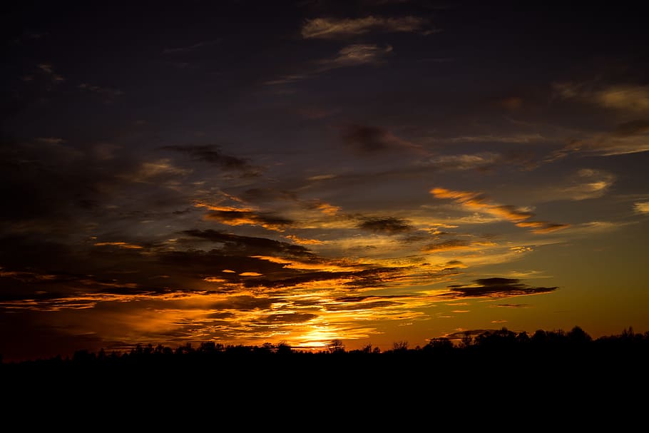 dawn, sky, sunset, clouds, backlit, contrast, dark, dusk, golden hour HD wallpaper
