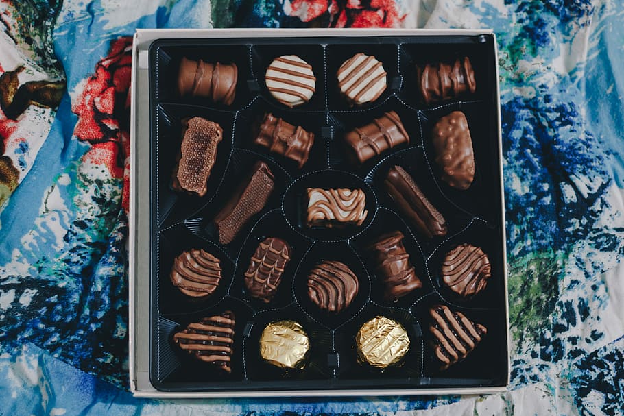 assorted chocolates in box, box of chocolate, flatlay, chocolate box HD wallpaper