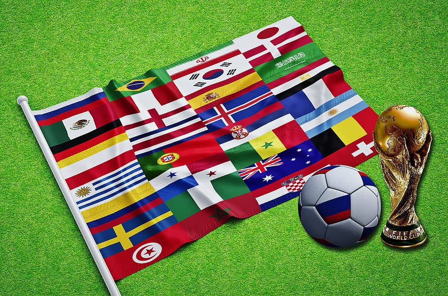 assorted flags near soccer ball and trophy, russia, russian, world cup, HD wallpaper