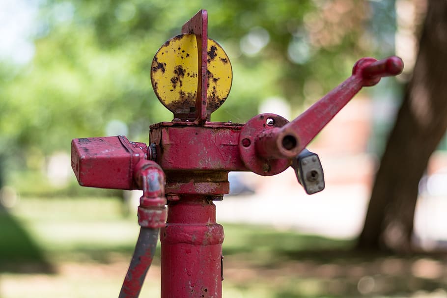 pump, handle, equipment, red, yellow, device, fuel, energy HD wallpaper