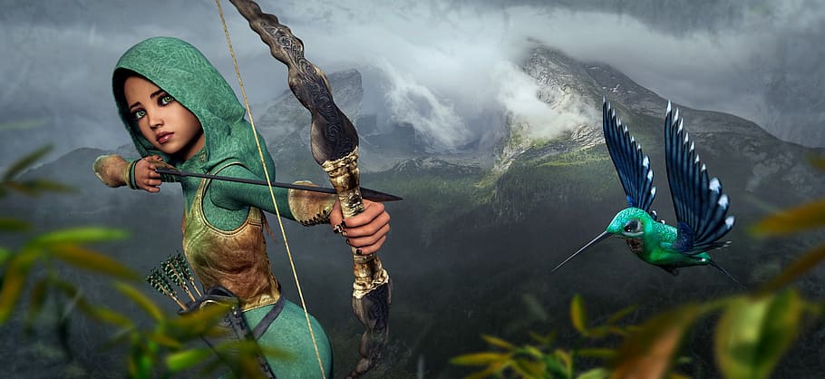 girl holding archer bow, fantasy, hummingbird, mountains, arrow