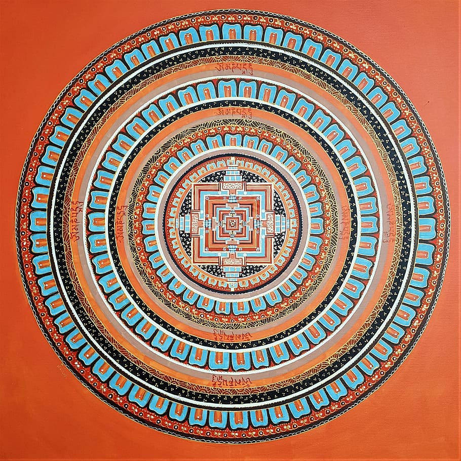 blue and orange mandala painting, art, acrylic, circle, the kalachakra