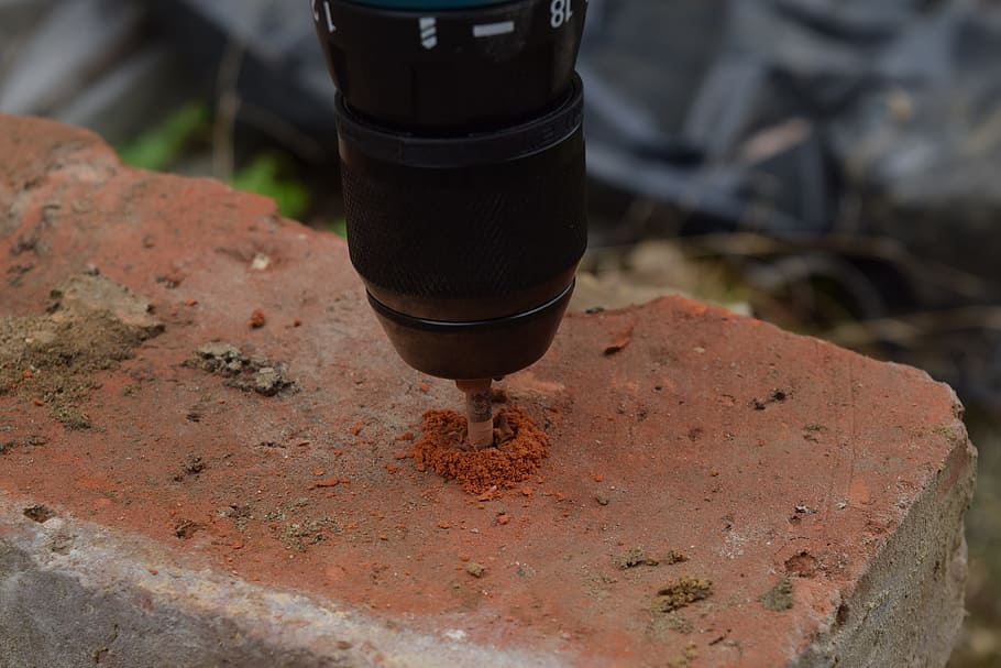 accumulator drill, battery, tools, brick, drilling, close-up HD wallpaper