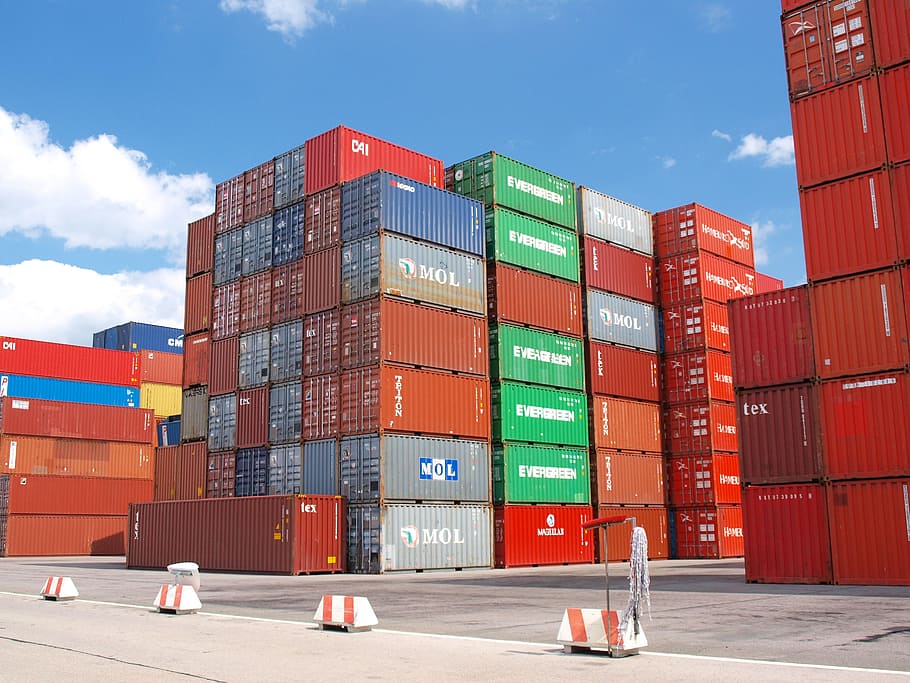 stacked assorted-color cargo container lot, freight harbor, container ship, HD wallpaper