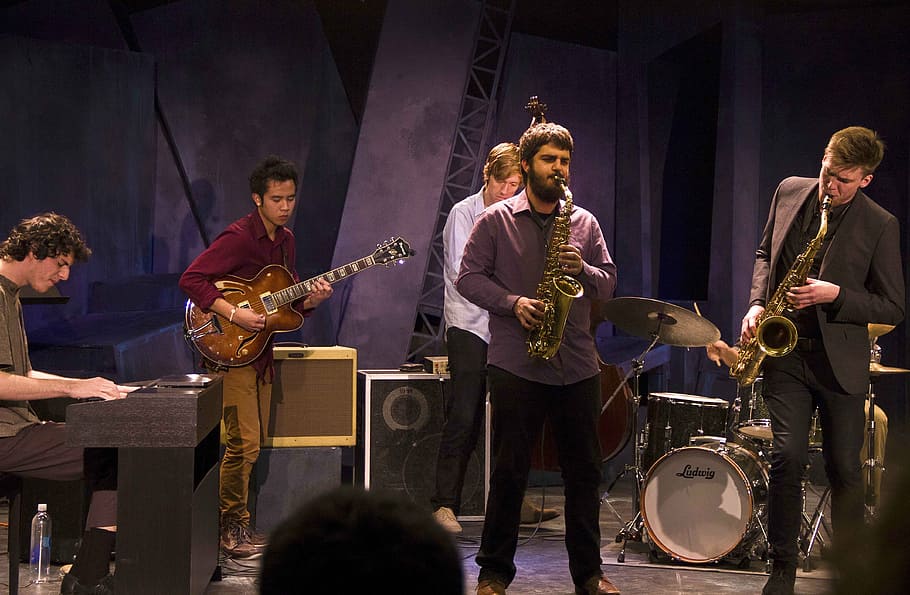 five men playing instrument inside room, jazz combo, musicians HD wallpaper