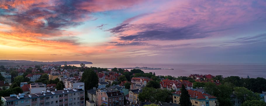 aerial view photography of town near ocean, sunset, sopot, background, HD wallpaper