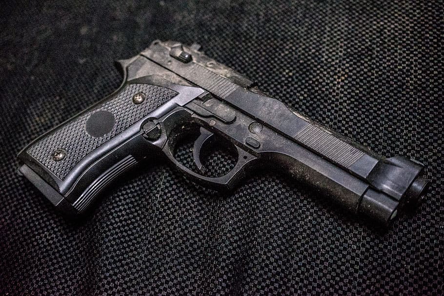 black semi-automatic pistol on black textile, Guns, Gun, Metal