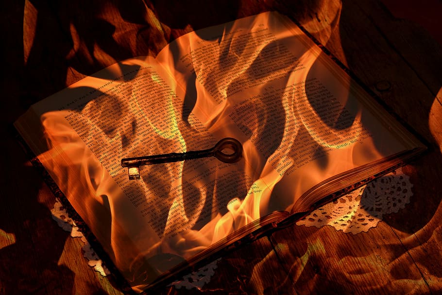 skeleton key on top of opened book, font, fire, flame, burning HD wallpaper