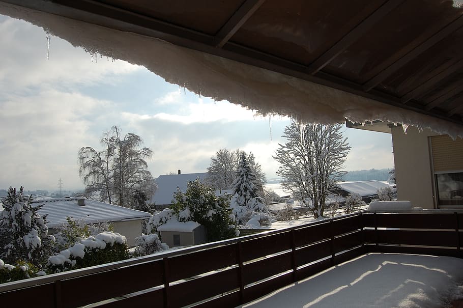 balcony, winter, snow, tree, sky, plant, cloud - sky, architecture HD wallpaper