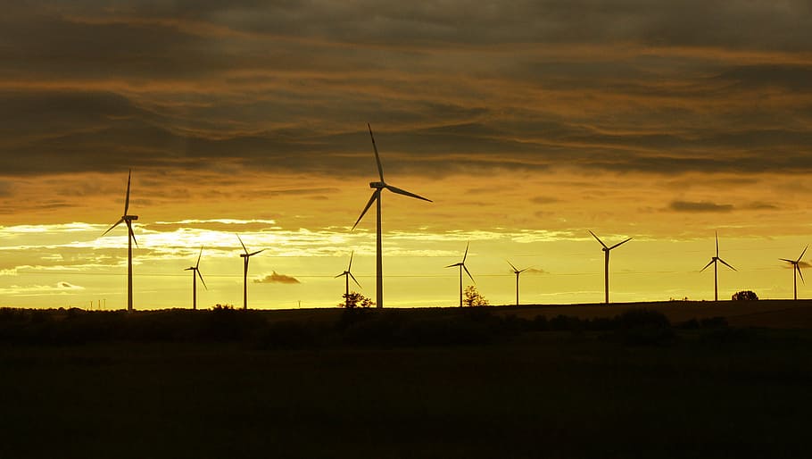 silhouette of wind turbines at sunset, clouds, golden, hour HD wallpaper