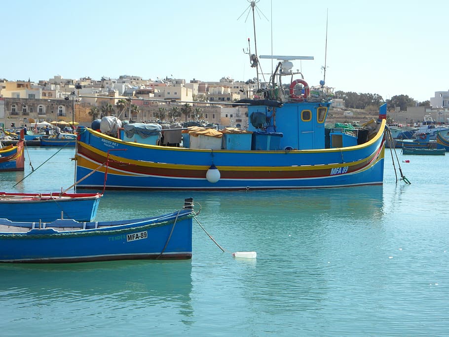 marsaxlokk, port, malta, boats, fishing boats, sea, mediterranean, HD wallpaper