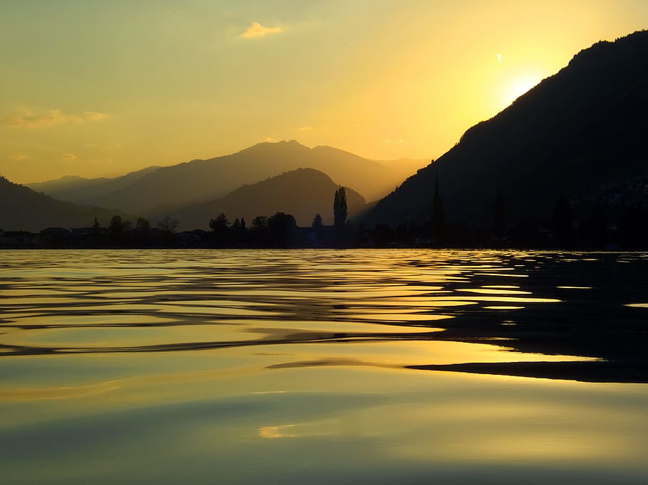 waters, sunset, reflection, lake, mountains, lake lucerne region HD wallpaper