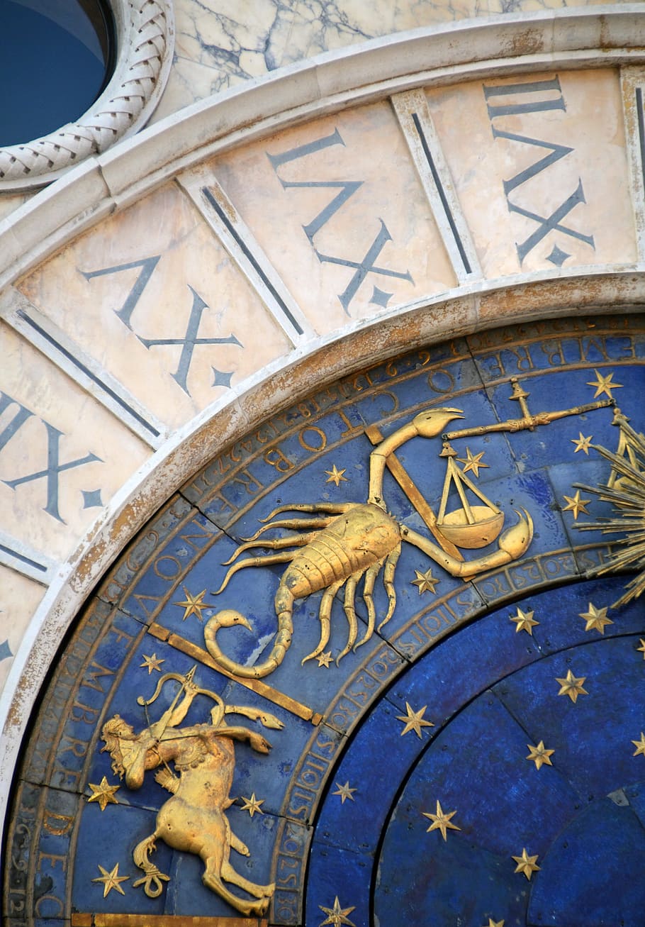 Zodiac sign clock, Venice, Italy, cathedral, contactors, scorpio