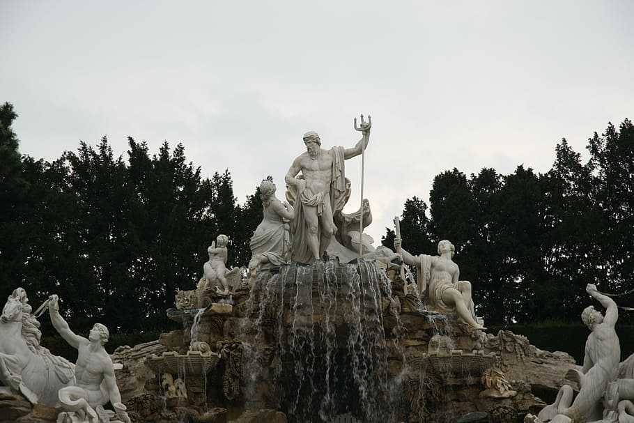 Poseidon statue, fountain, zeus, water, travel, stone, sculpture, HD wallpaper