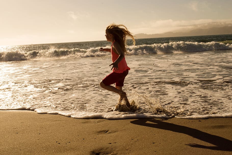 girl standing on sea shore, beach, run, ocean, young, active HD wallpaper