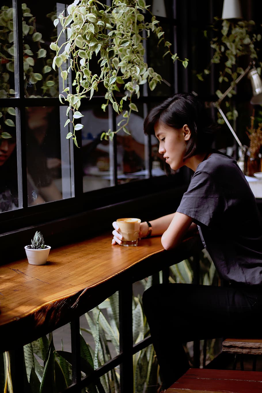woman having coffee in cafe, plants, people, girl, lady, leaves, HD wallpaper