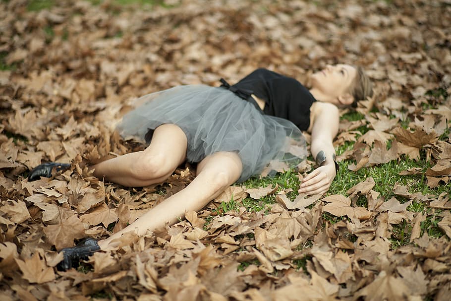 woman in black and gray tulle dress lying on pile of withered leaves, HD wallpaper