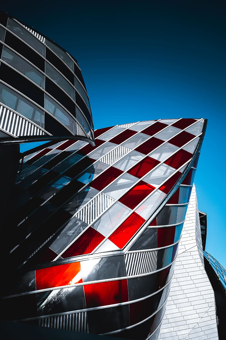 worm's eye view of gray and red glass building, landscape photography of black, white, and red building HD wallpaper