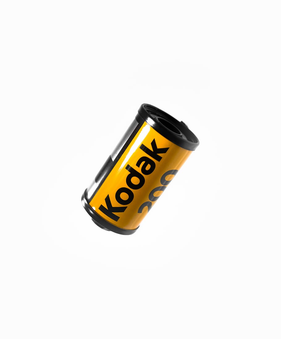 Kodak camera film, black and yellow Kodak film strip container