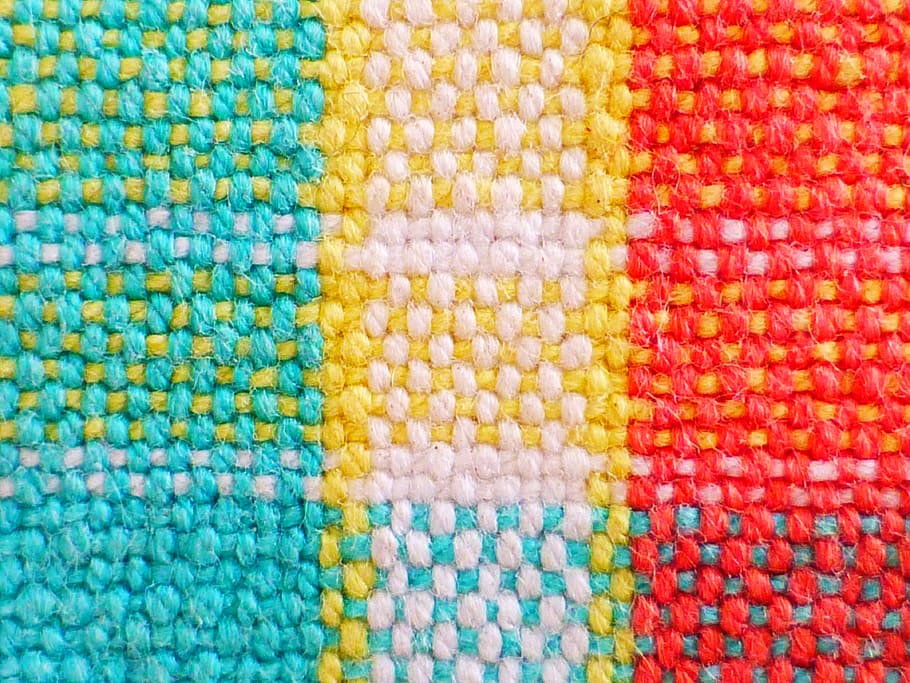 teal, yellow, white, and red knitted rug, cloth, woven fabric, HD wallpaper