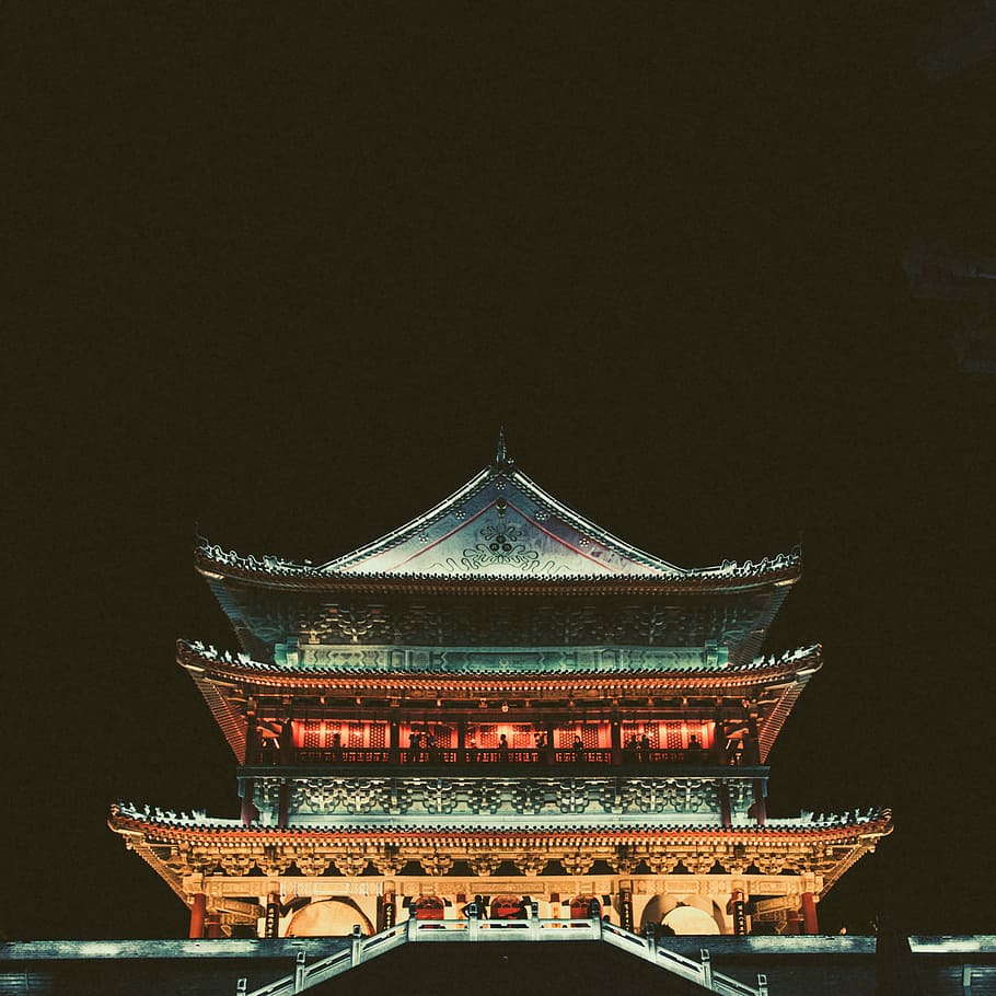 pagoda temple during nighttime, people in pagoda structure, dark, HD wallpaper