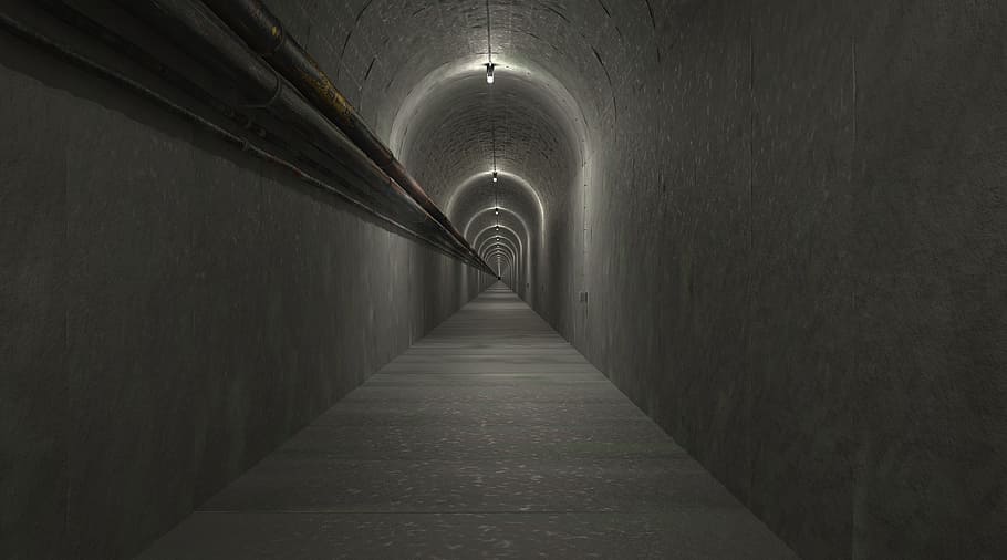 gray concrete tunnel with light bulb, gang, architecture, escape