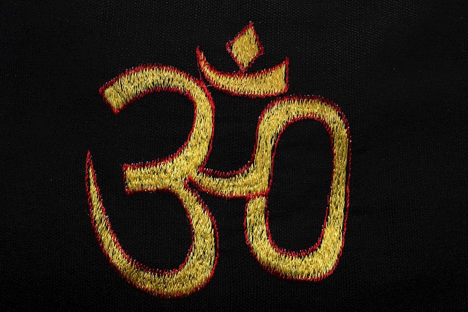 aum embroidered on black garment, Background, Black, Yellow, Om, HD wallpaper